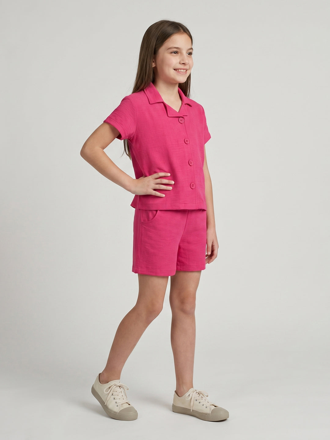Girls Magenta Solid Round Neck Half Sleeve Cords Set