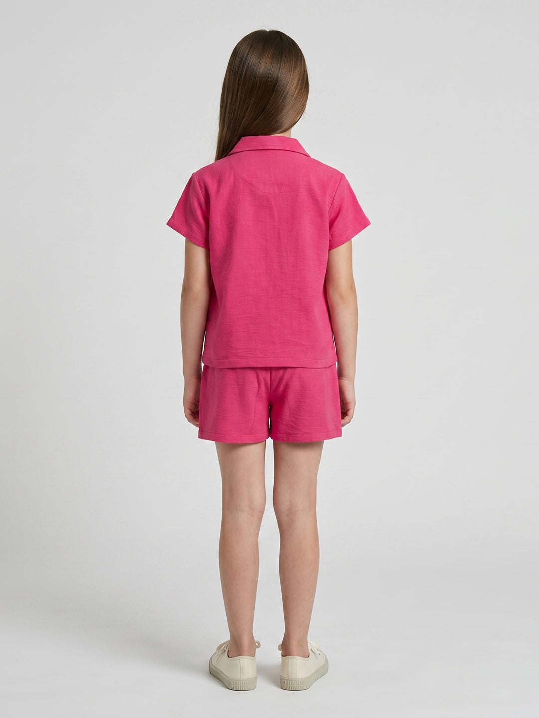 Girls Magenta Solid Round Neck Half Sleeve Cords Set