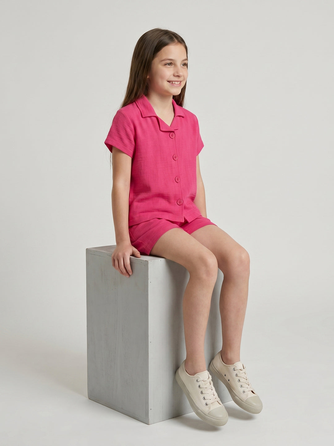 Girls Magenta Solid Round Neck Half Sleeve Cords Set