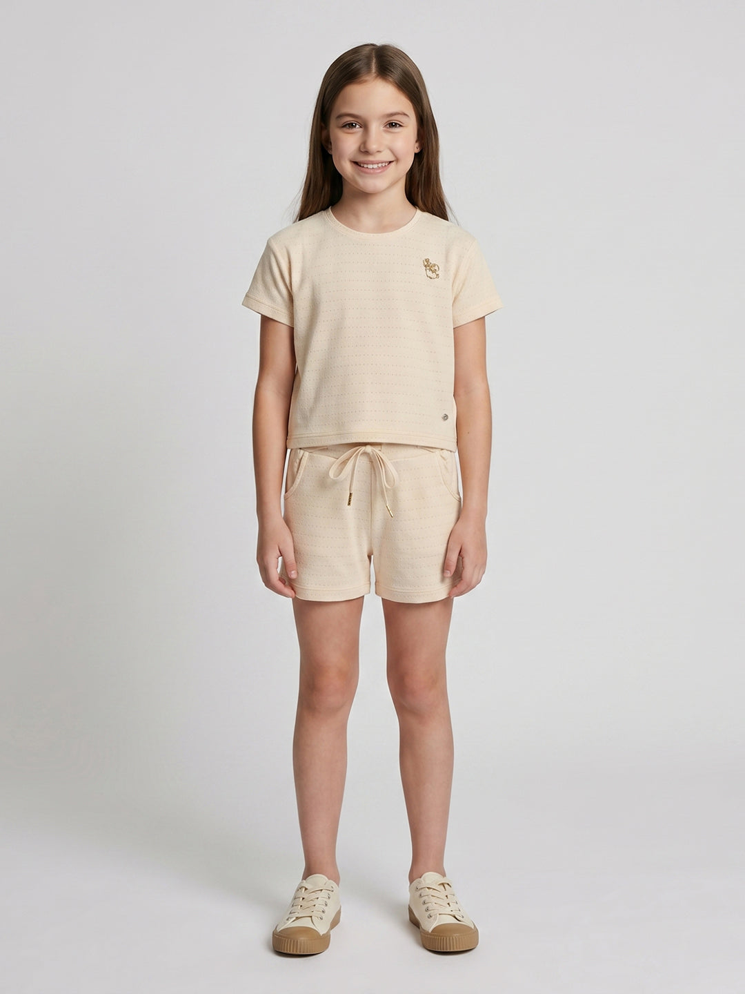 Girls Cream Jacquard Round Neck Half Sleeve Cords Set