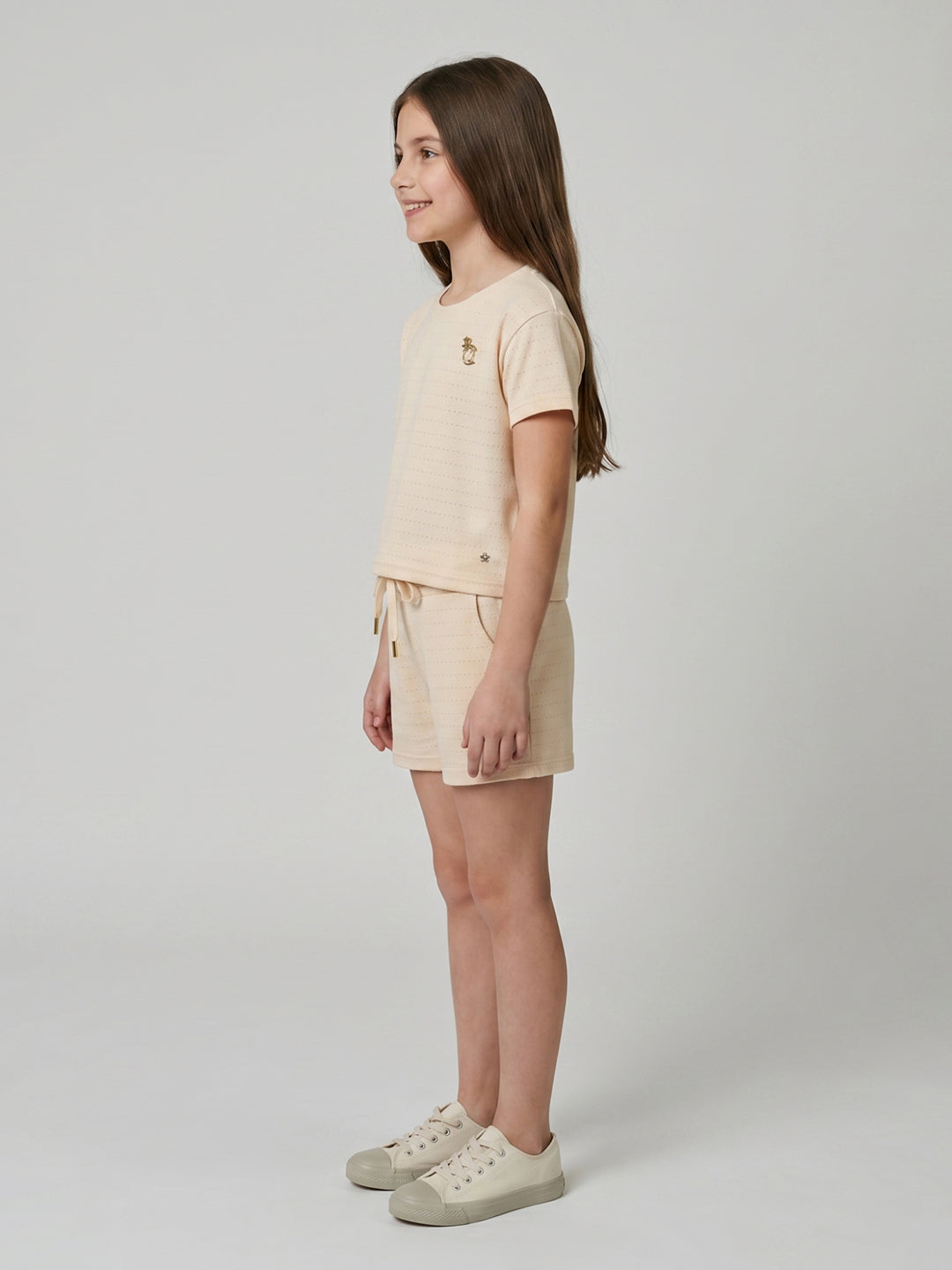 Girls Cream Jacquard Round Neck Half Sleeve Cords Set