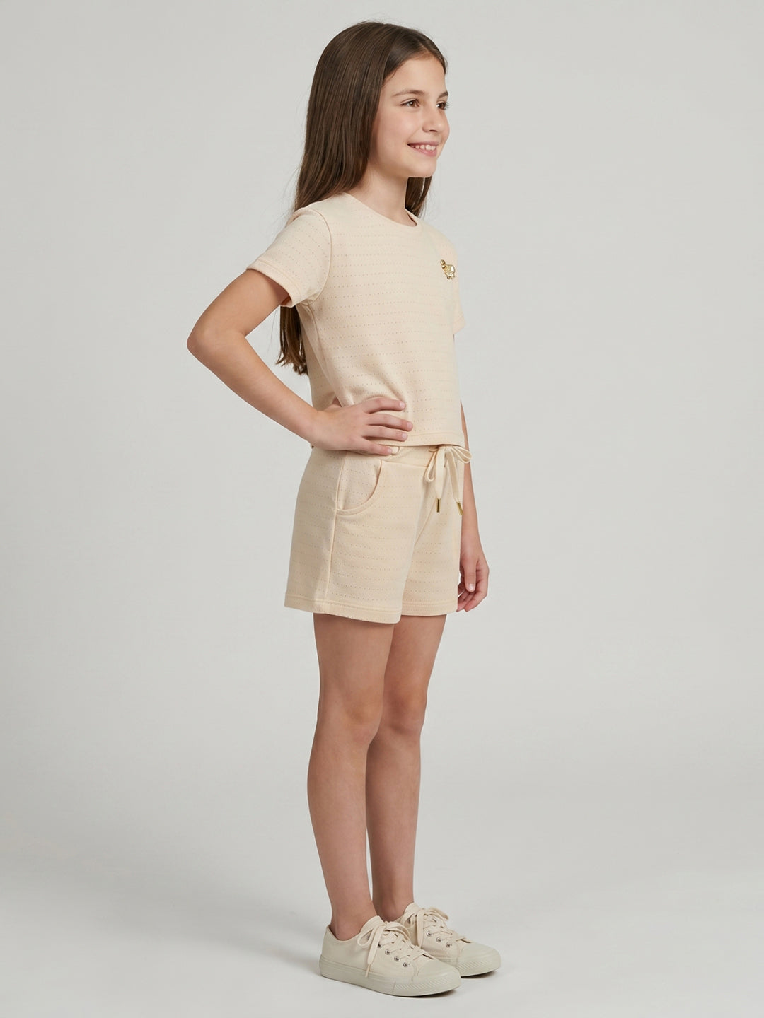 Girls Cream Jacquard Round Neck Half Sleeve Cords Set