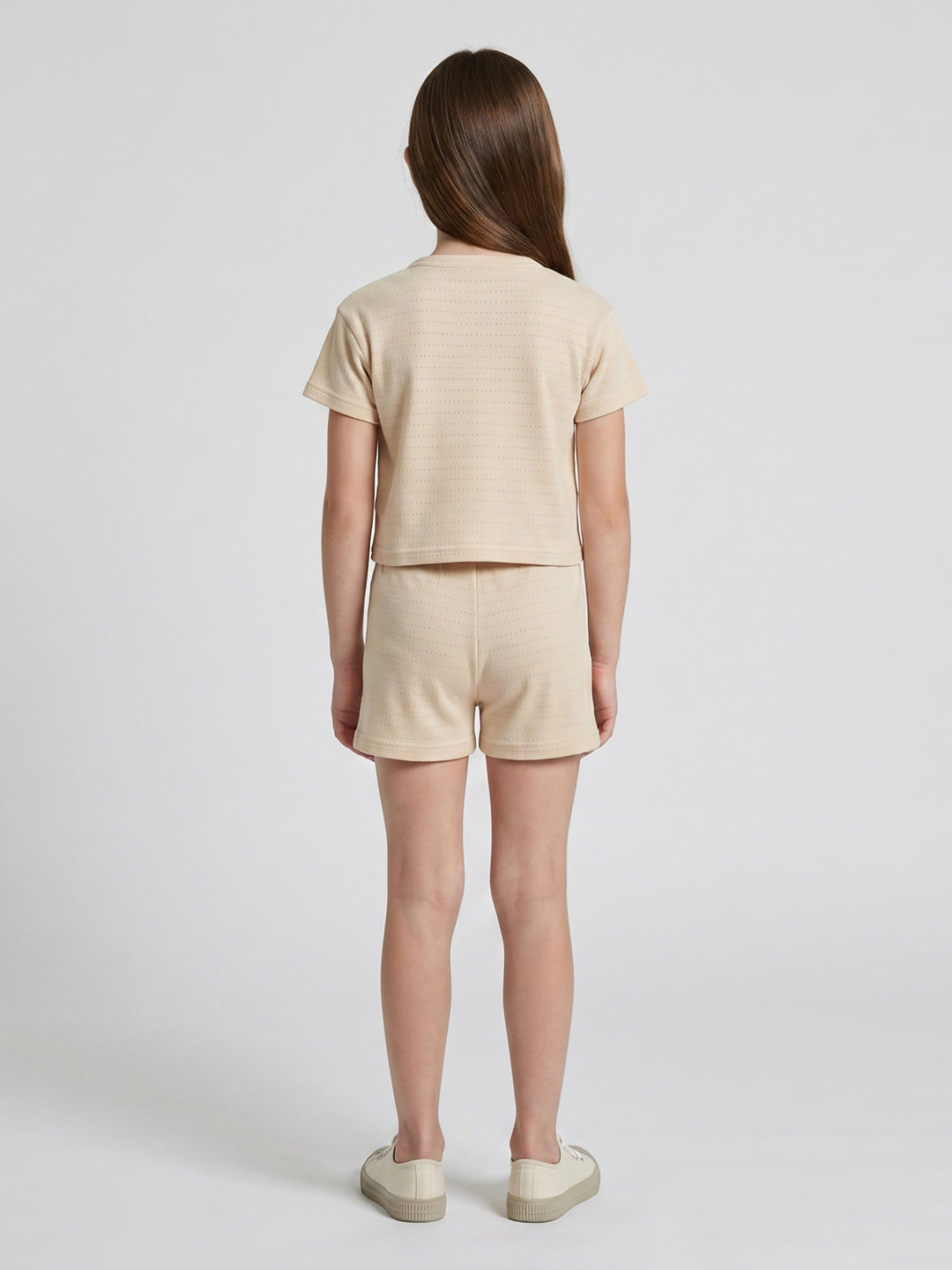Girls Cream Jacquard Round Neck Half Sleeve Cords Set