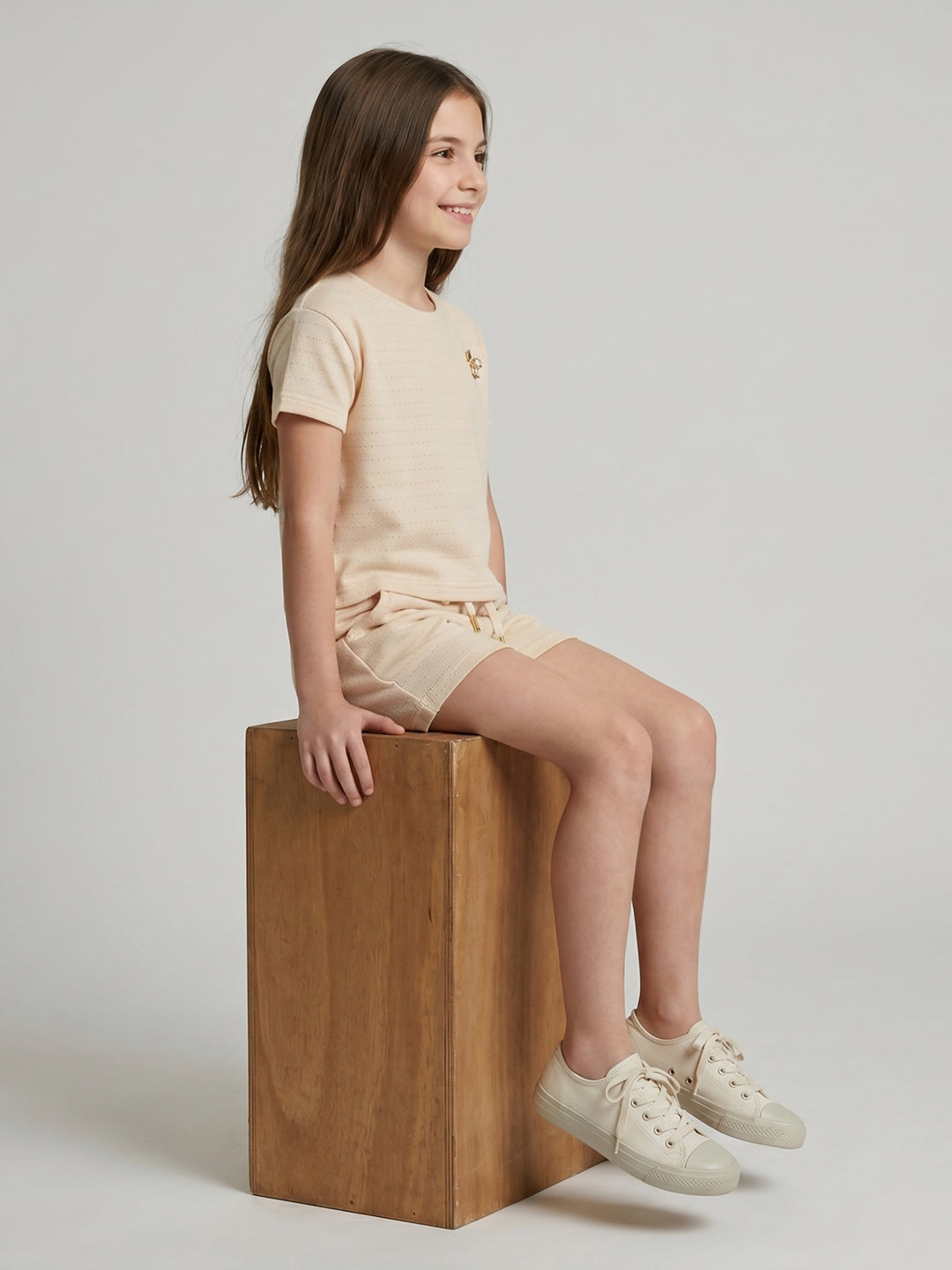 Girls Cream Jacquard Round Neck Half Sleeve Cords Set