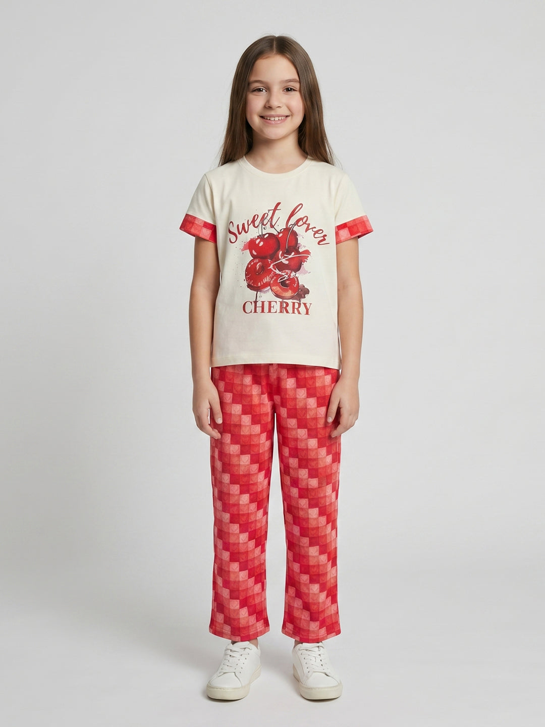 Girls Off White Printed Round Neck Half Sleeve Lower Set