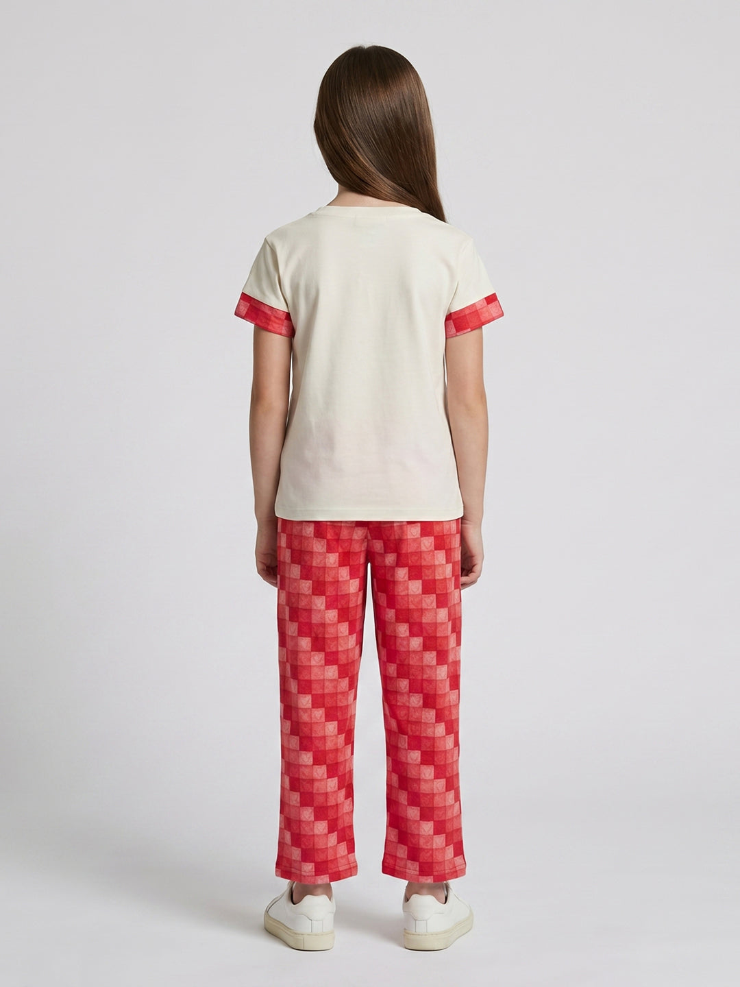 Girls Off White Printed Round Neck Half Sleeve Lower Set