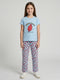 Girls Sky Blue Printed Round Neck Half Sleeve Lower Set