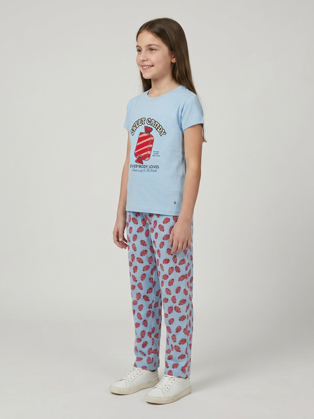 Girls Sky Blue Printed Round Neck Half Sleeve Lower Set