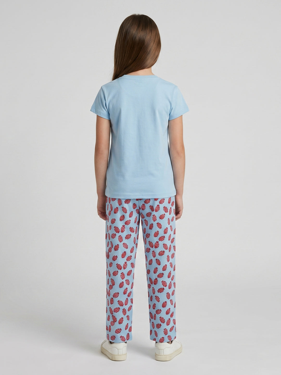 Girls Sky Blue Printed Round Neck Half Sleeve Lower Set