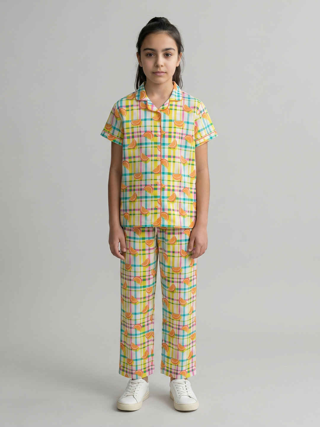 Girls Orange Printed Revere Collar Half Sleeve Cords Set