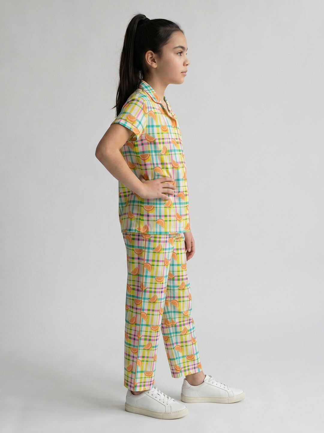 Girls Orange Printed Revere Collar Half Sleeve Cords Set