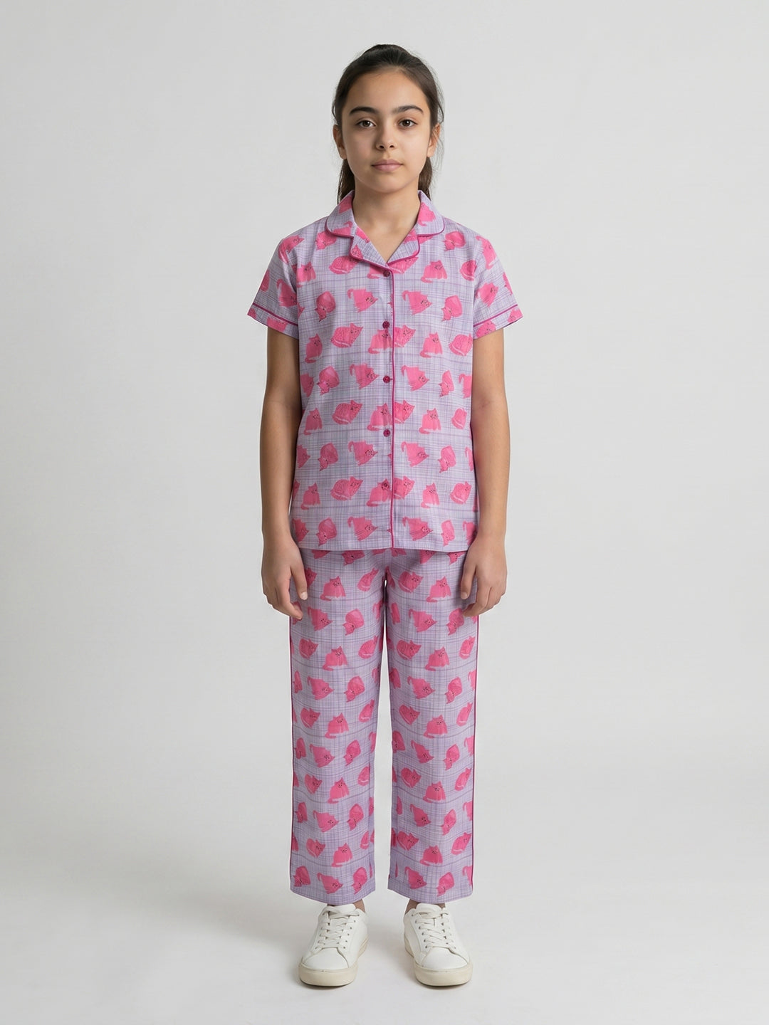Girls Pink Printed Revere Collar Half Sleeve Cords Set