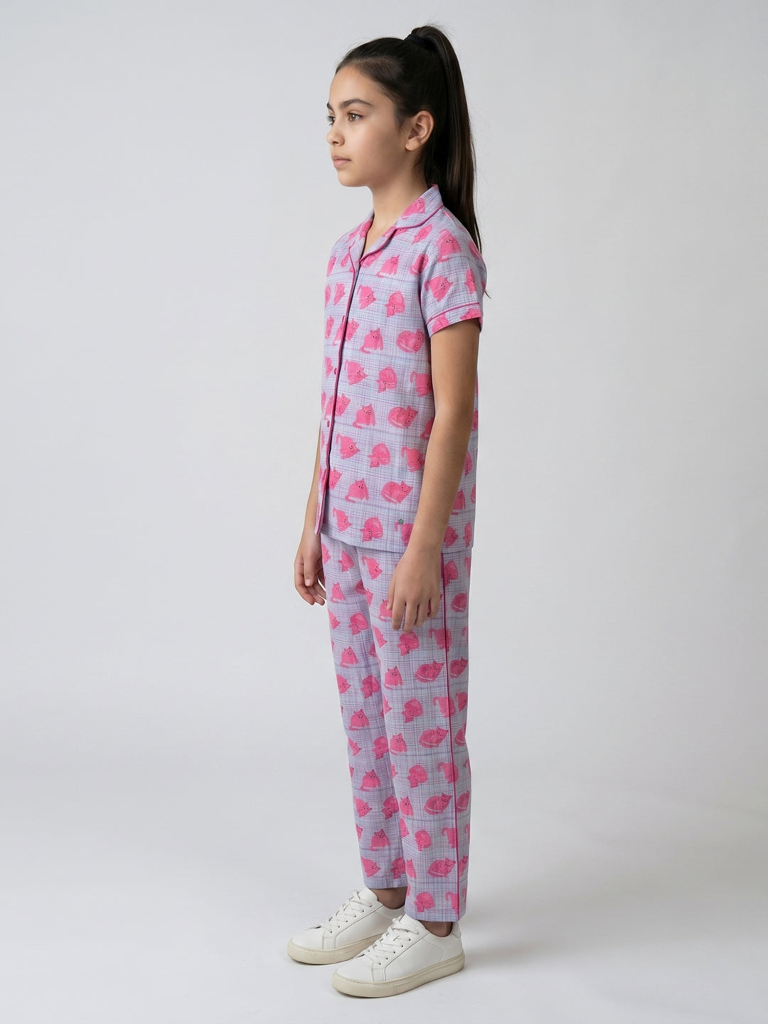 Girls Pink Printed Revere Collar Half Sleeve Cords Set