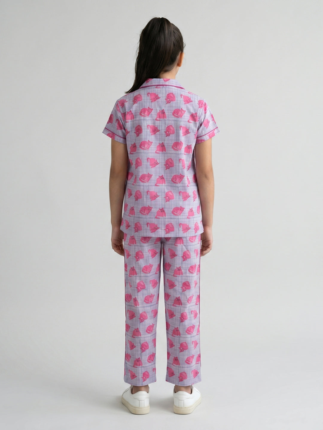 Girls Pink Printed Revere Collar Half Sleeve Cords Set