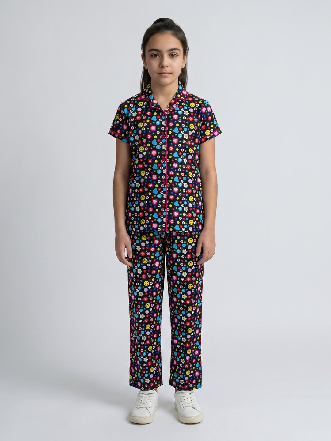 Girls Black Printed Round Neck Half Sleeve Cords Set