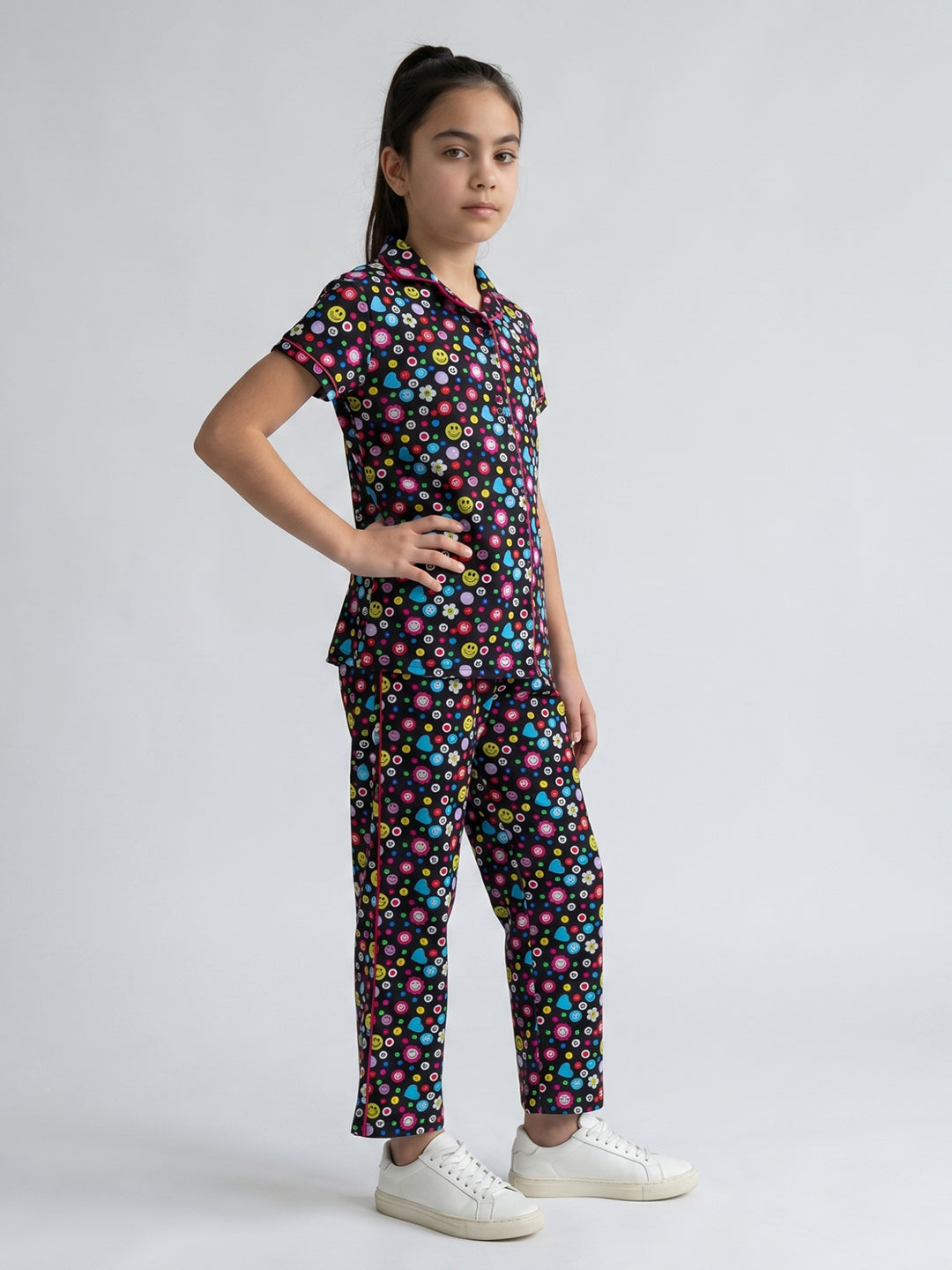 Girls Black Printed Round Neck Half Sleeve Cords Set