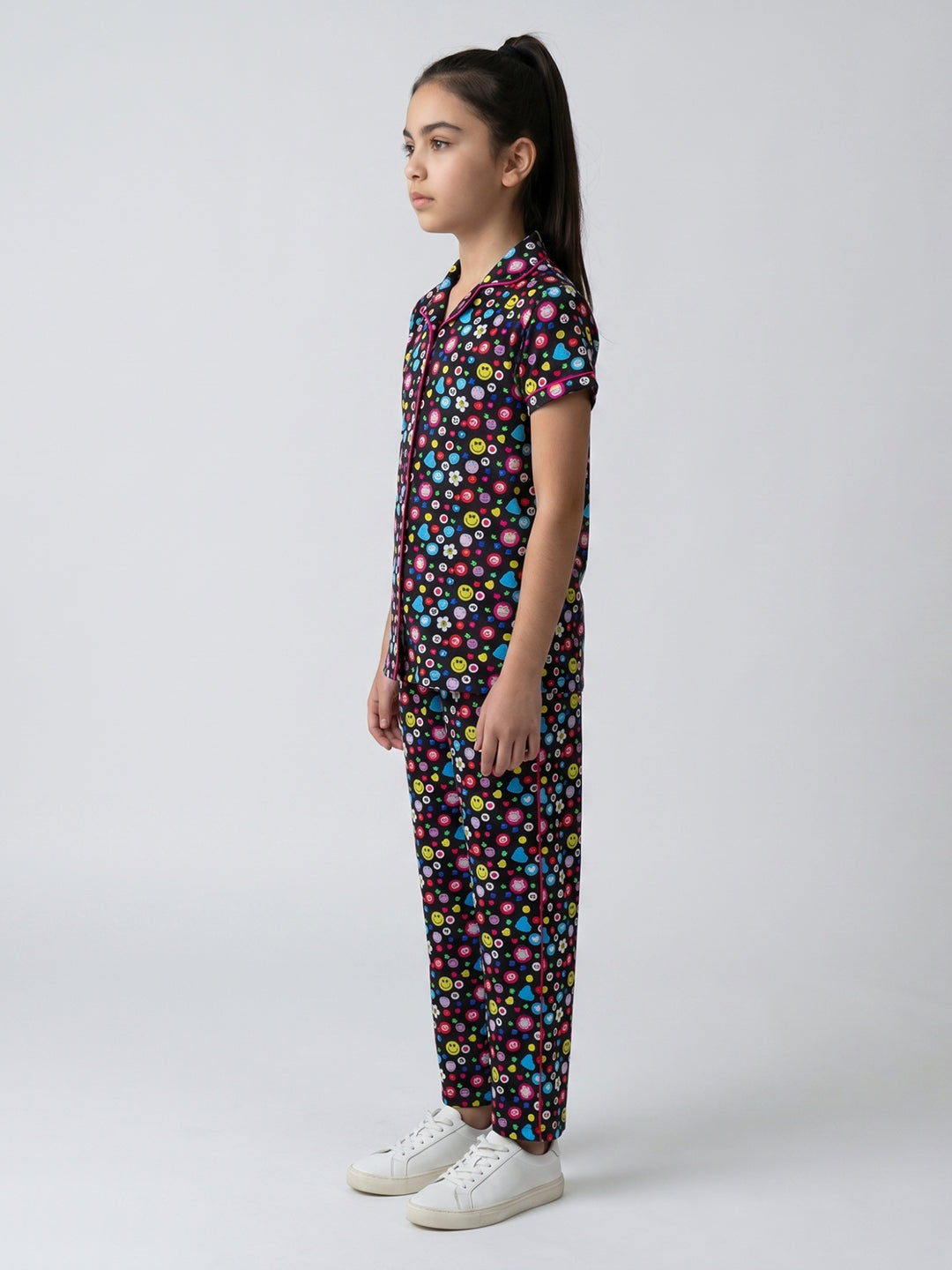 Girls Black Printed Round Neck Half Sleeve Cords Set