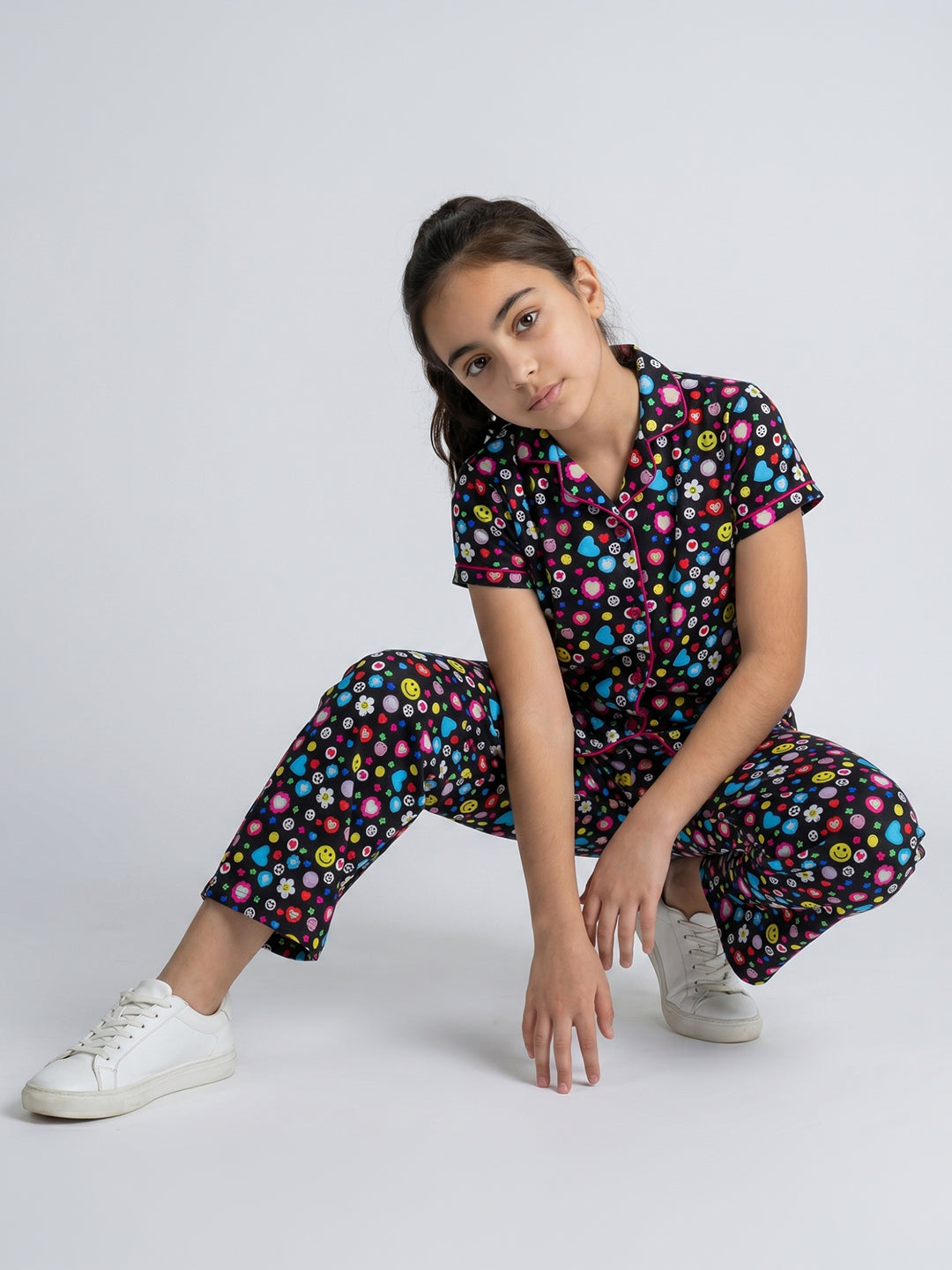 Girls Black Printed Round Neck Half Sleeve Cords Set