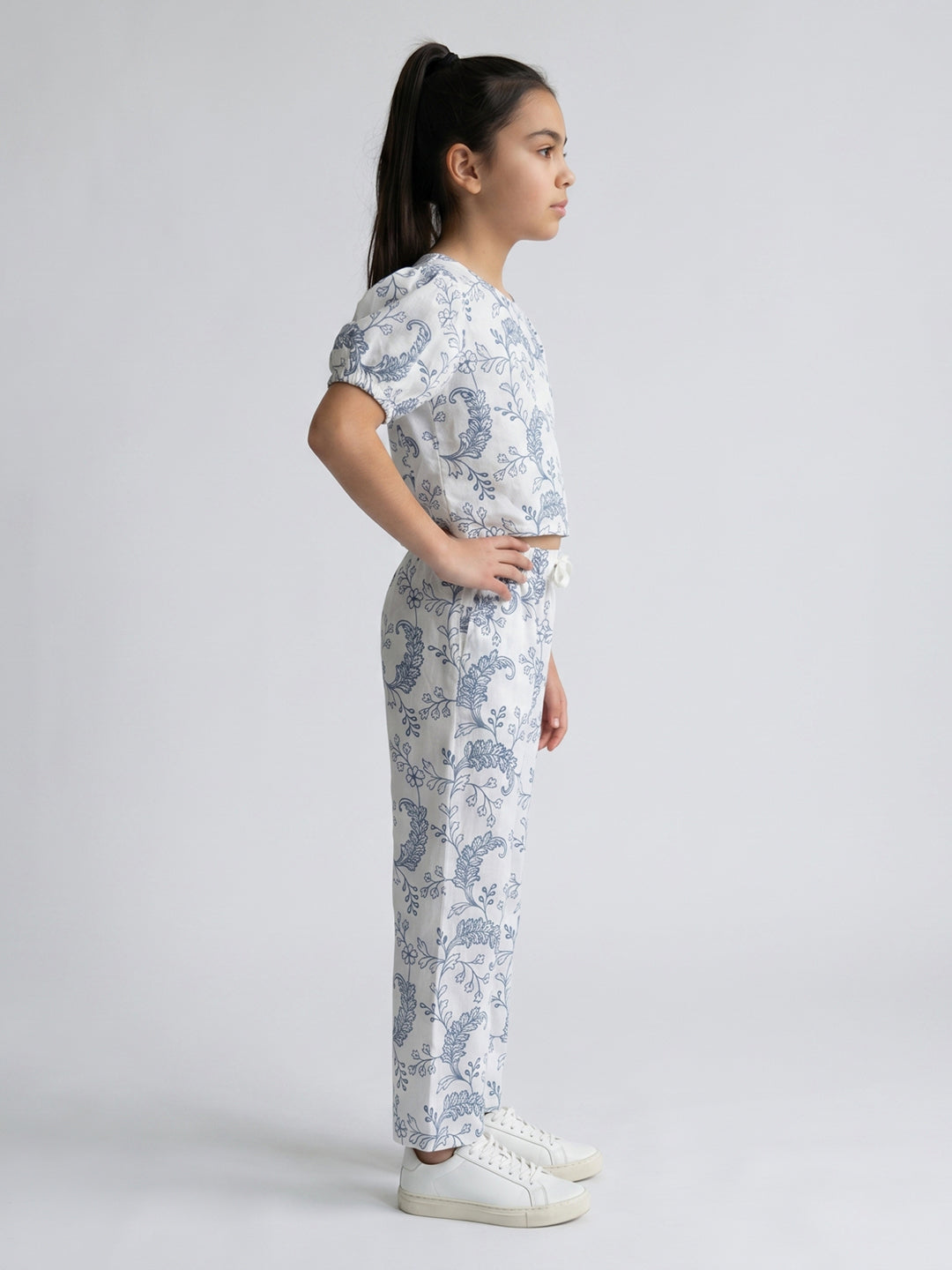 Girls Off White Embroidered Round Neck Half Sleeve Cords Set
