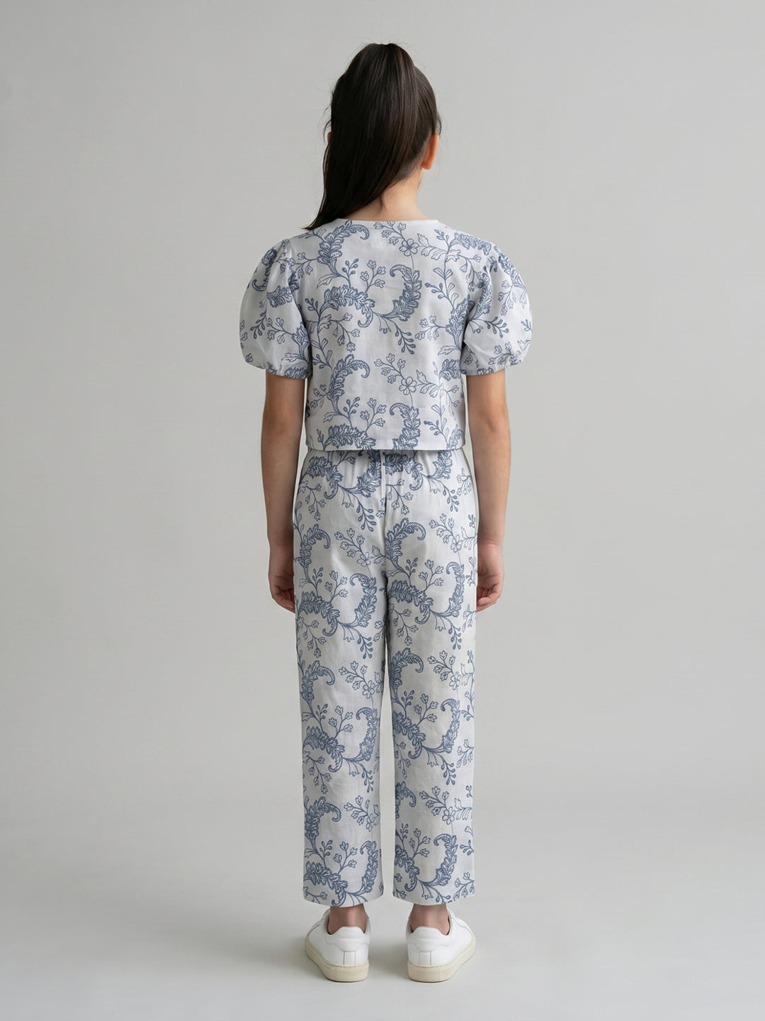 Girls Off White Embroidered Round Neck Half Sleeve Cords Set
