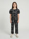 Girls Black Embroidered Round Neck Half Sleeve Cords Set