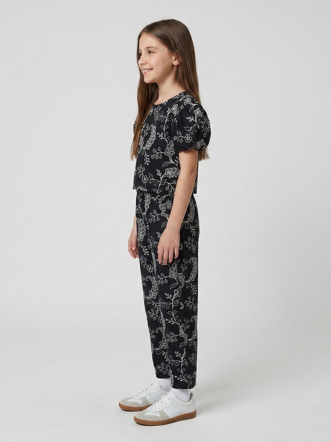 Girls Black Embroidered Round Neck Half Sleeve Cords Set