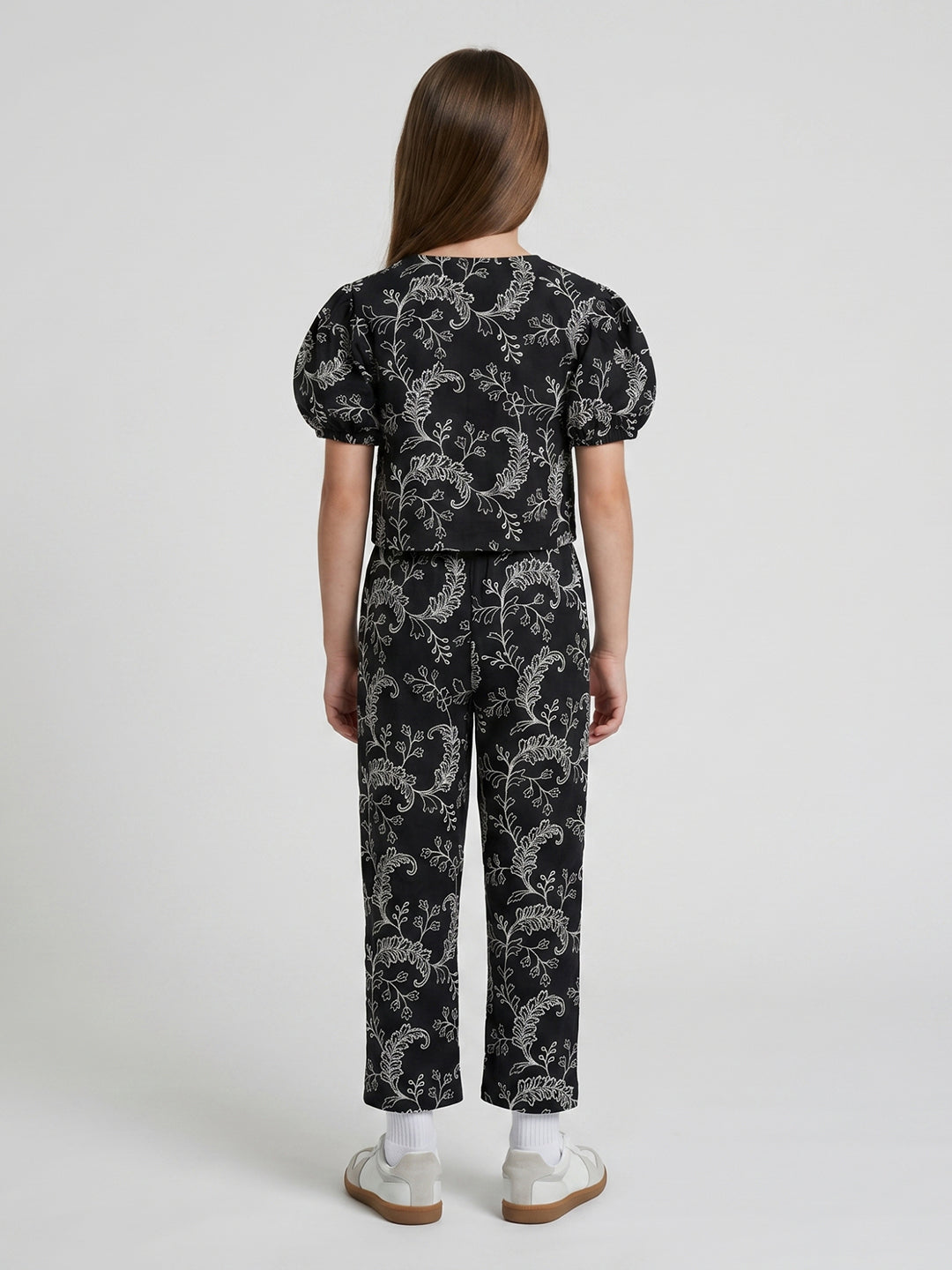 Girls Black Embroidered Round Neck Half Sleeve Cords Set