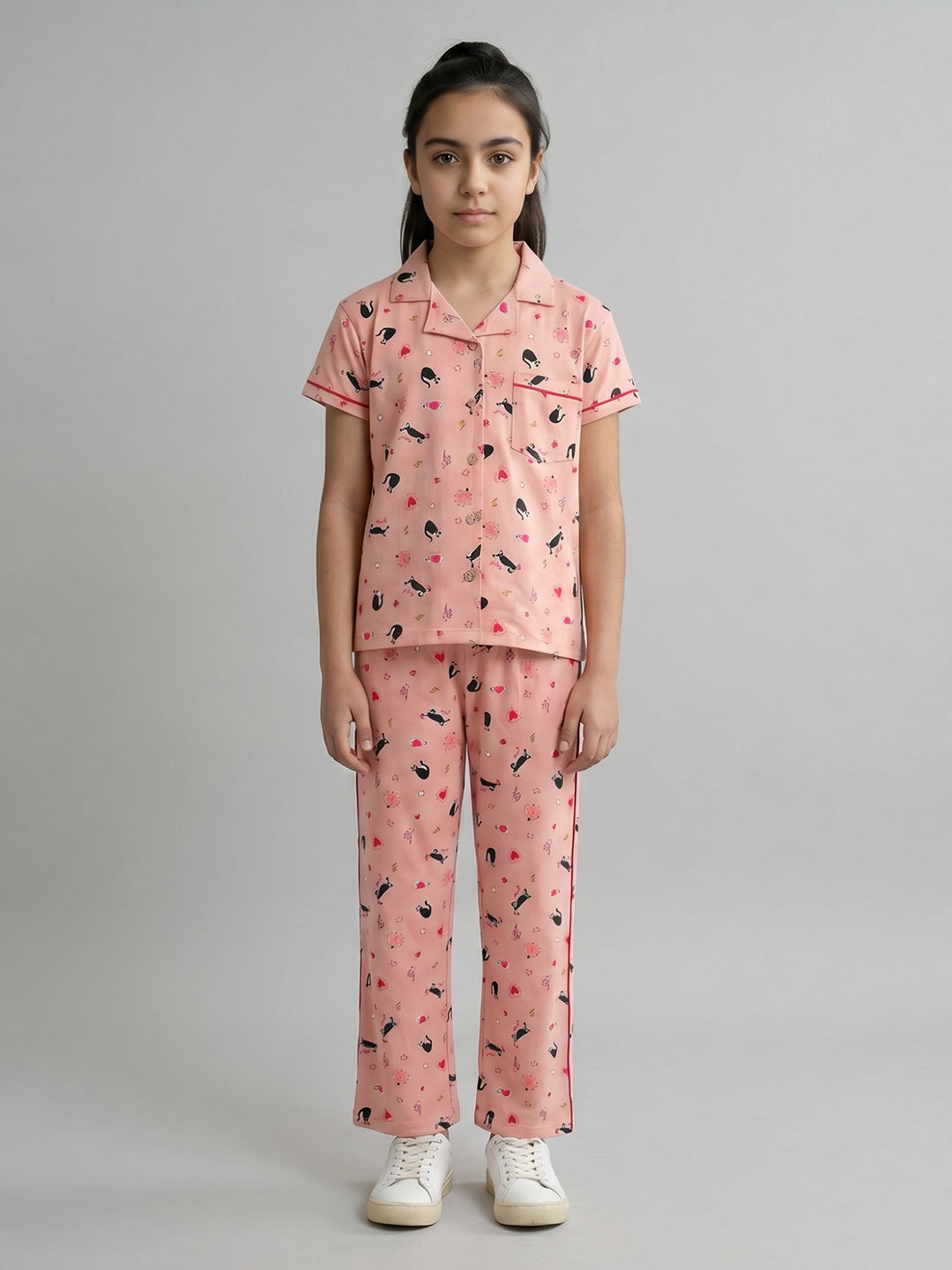 Girls Peach Printed Collar Half Sleeve Cords Set