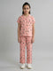 Girls Peach Printed Collar Half Sleeve Cords Set