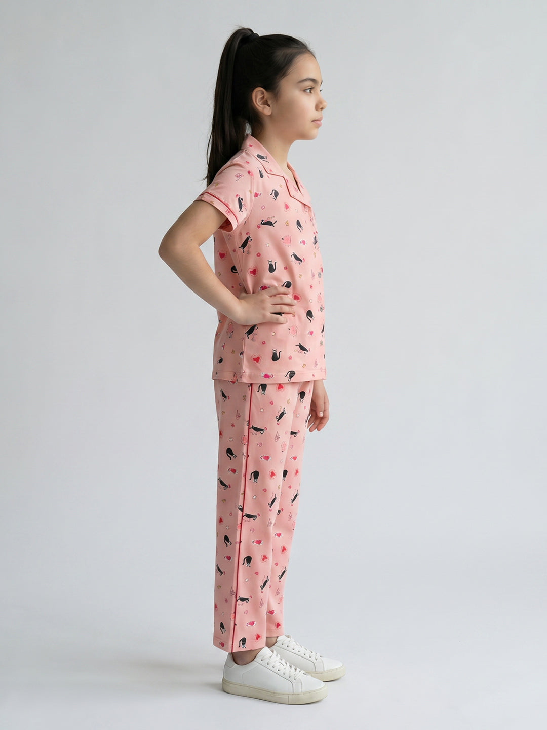 Girls Peach Printed Collar Half Sleeve Cords Set