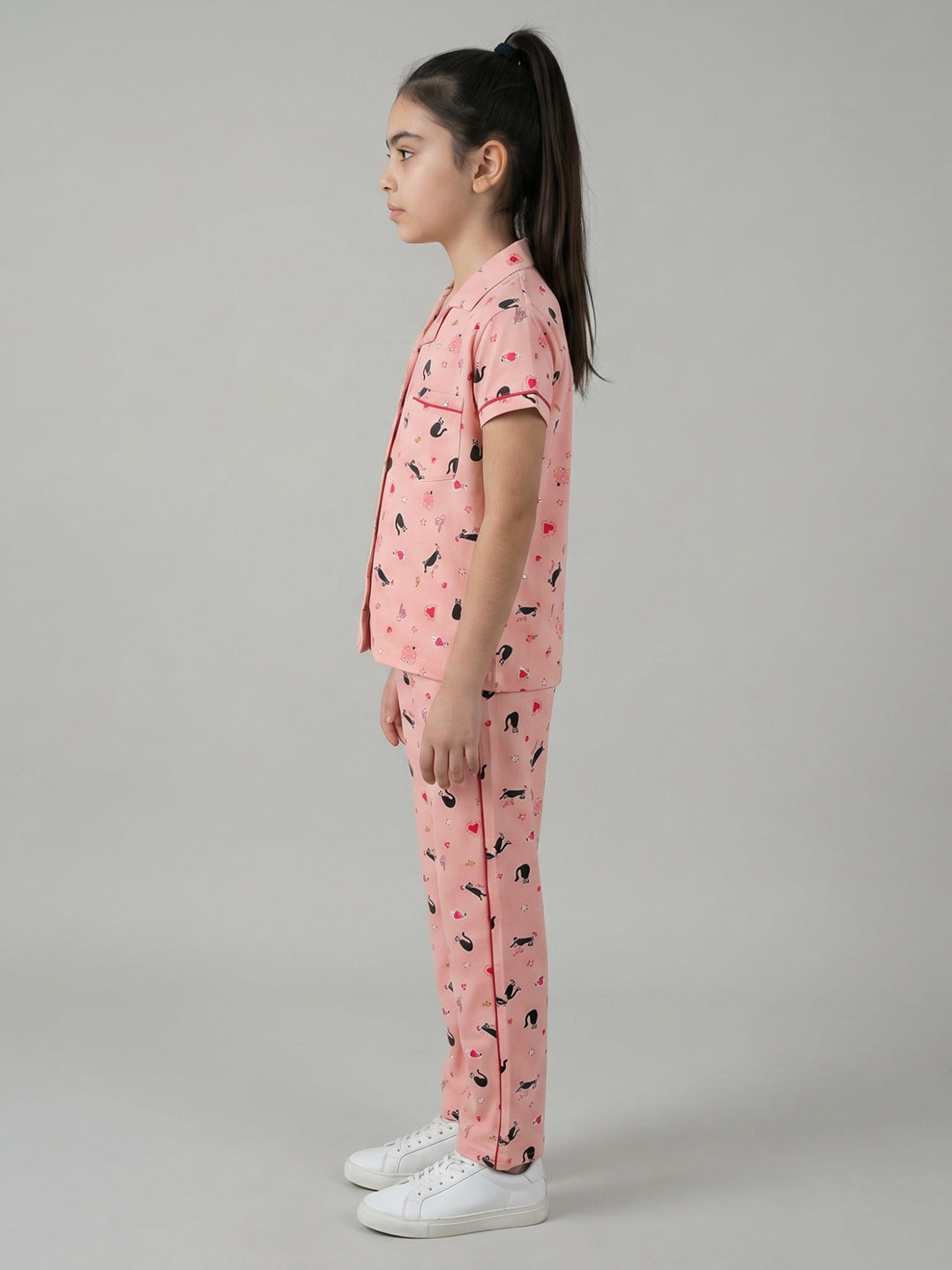 Girls Peach Printed Collar Half Sleeve Cords Set