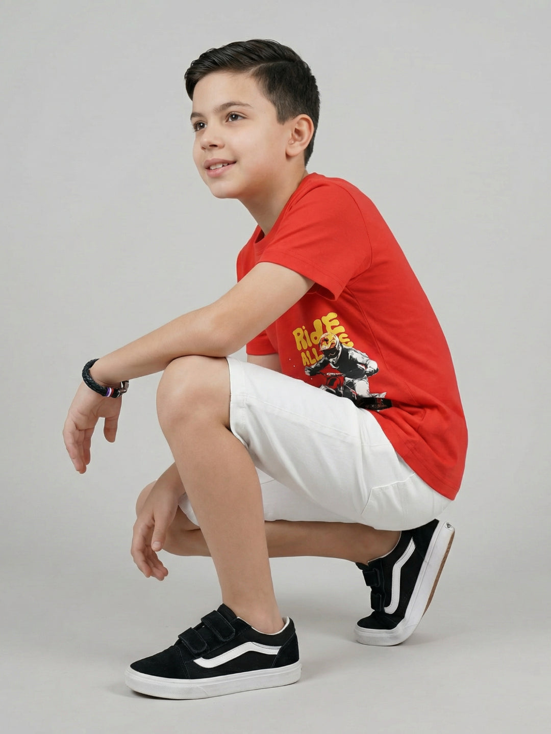 Boys Red Printed Round Neck Half Sleeve T-Shirt
