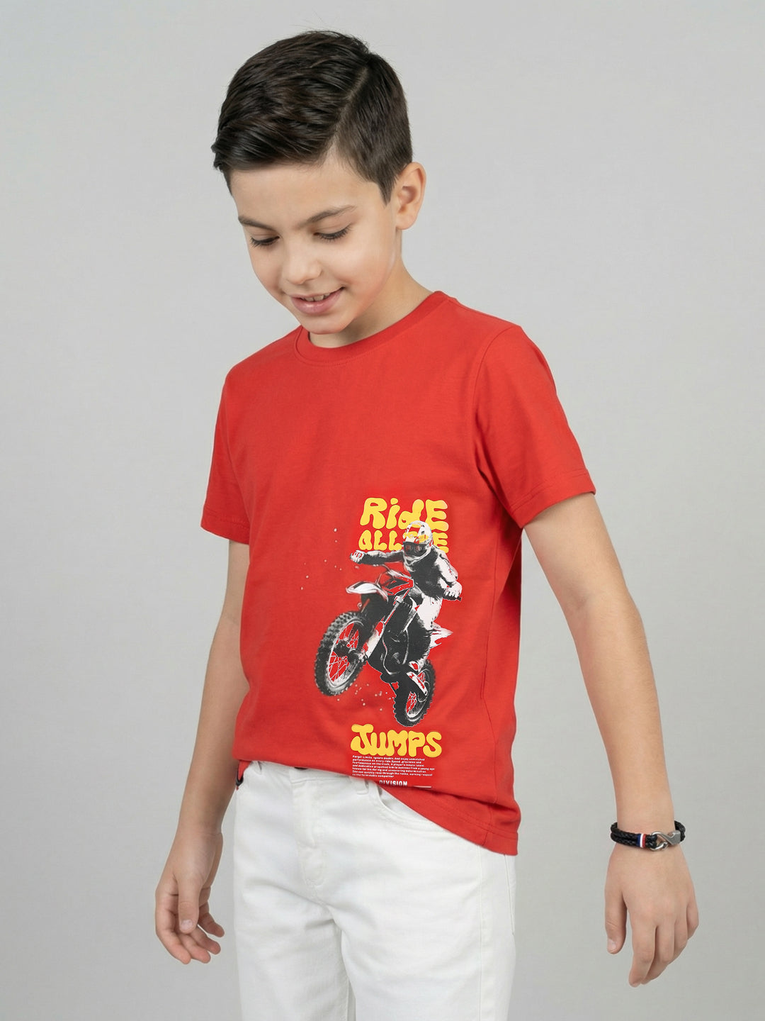 Boys Red Printed Round Neck Half Sleeve T-Shirt