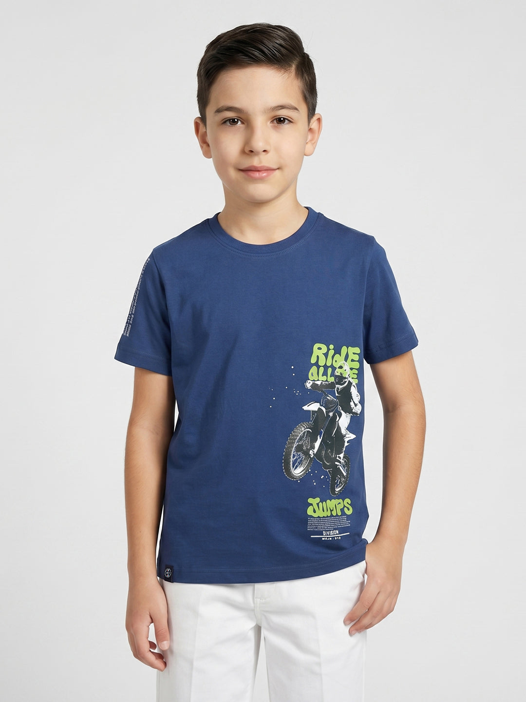 Boys Navy Blue Printed Round Neck Half Sleeve T-Shirt