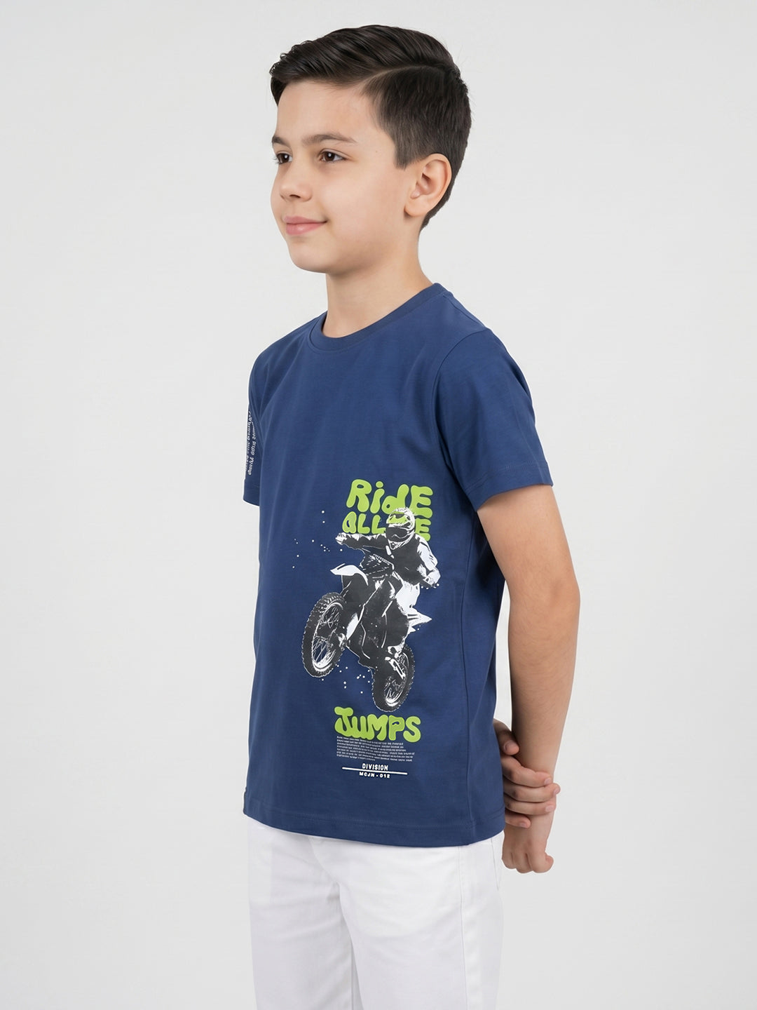 Boys Navy Blue Printed Round Neck Half Sleeve T-Shirt