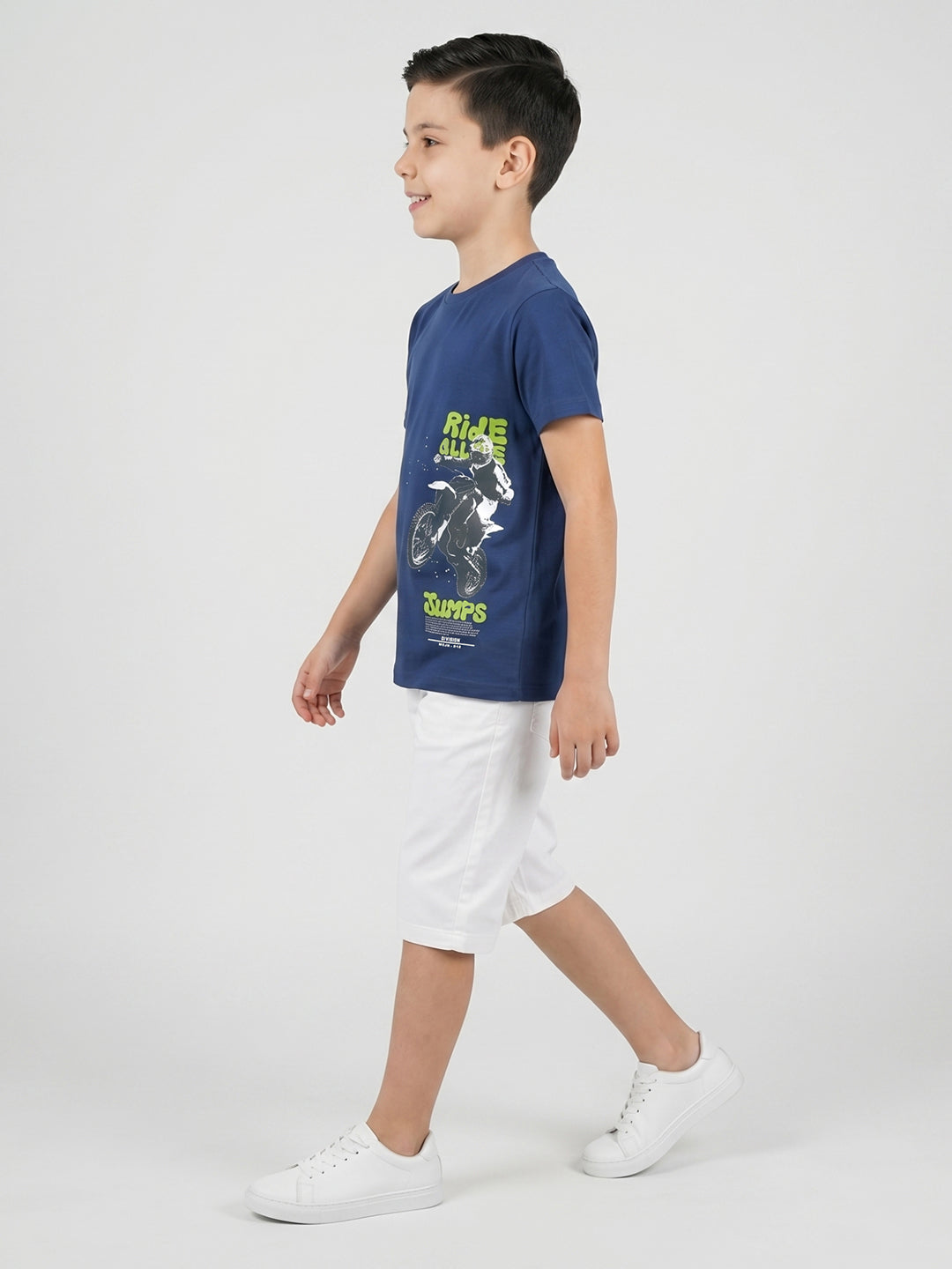 Boys Navy Blue Printed Round Neck Half Sleeve T-Shirt