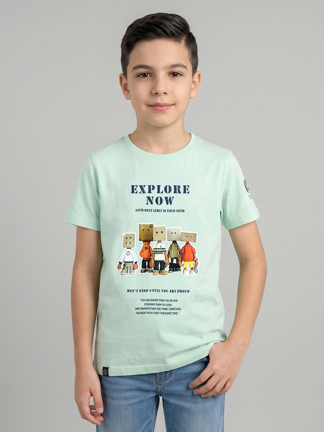 Boys Light Green Printed Round Neck Half Sleeve T-Shirt