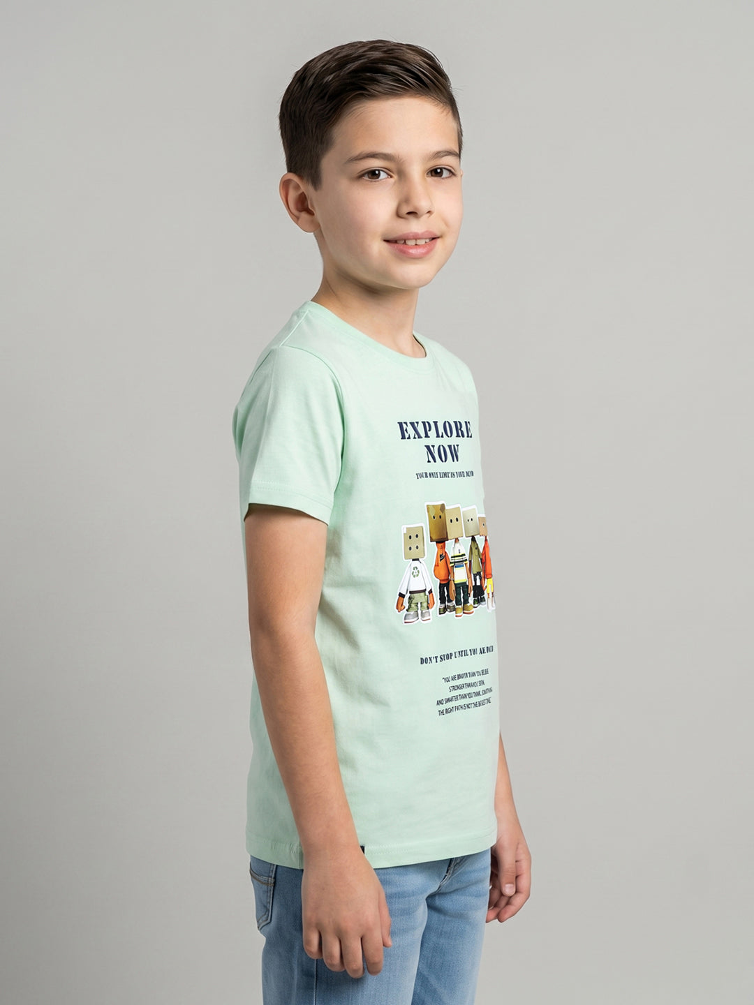 Boys Light Green Printed Round Neck Half Sleeve T-Shirt