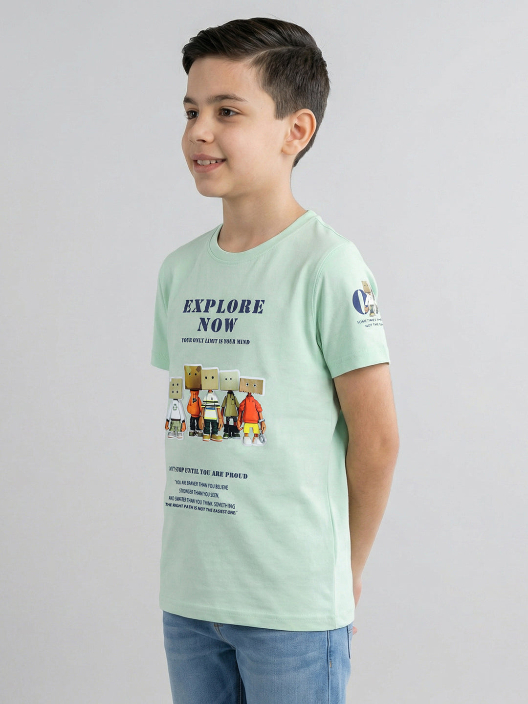Boys Light Green Printed Round Neck Half Sleeve T-Shirt