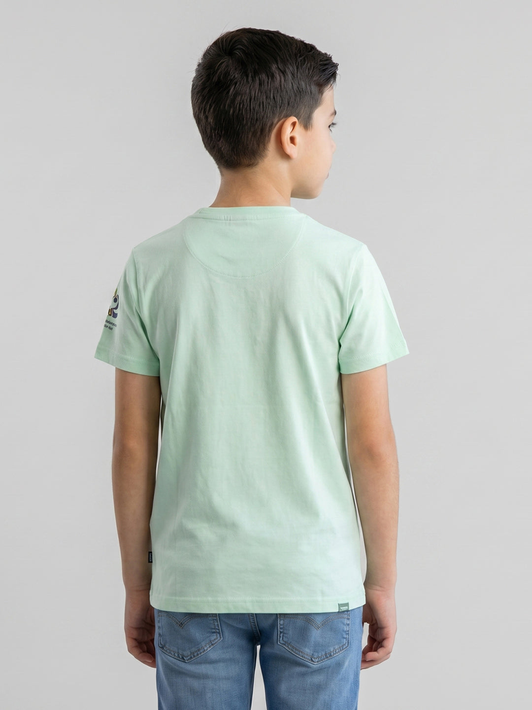 Boys Light Green Printed Round Neck Half Sleeve T-Shirt