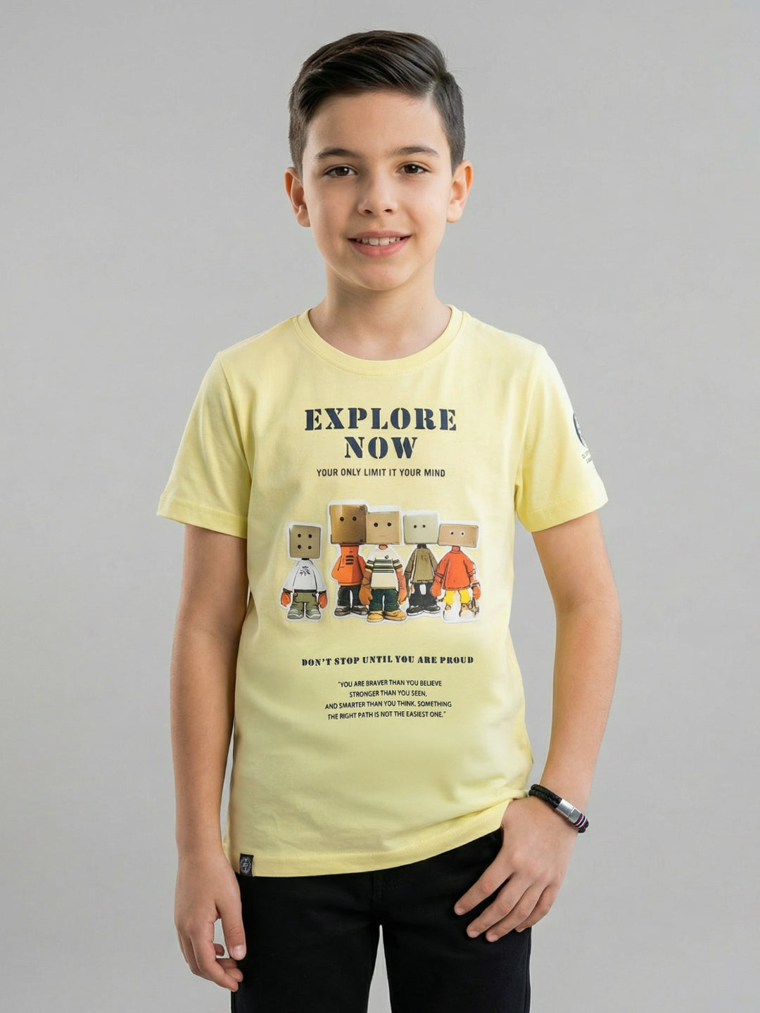 Boys Yellow Printed Round Neck Half Sleeve T-Shirt