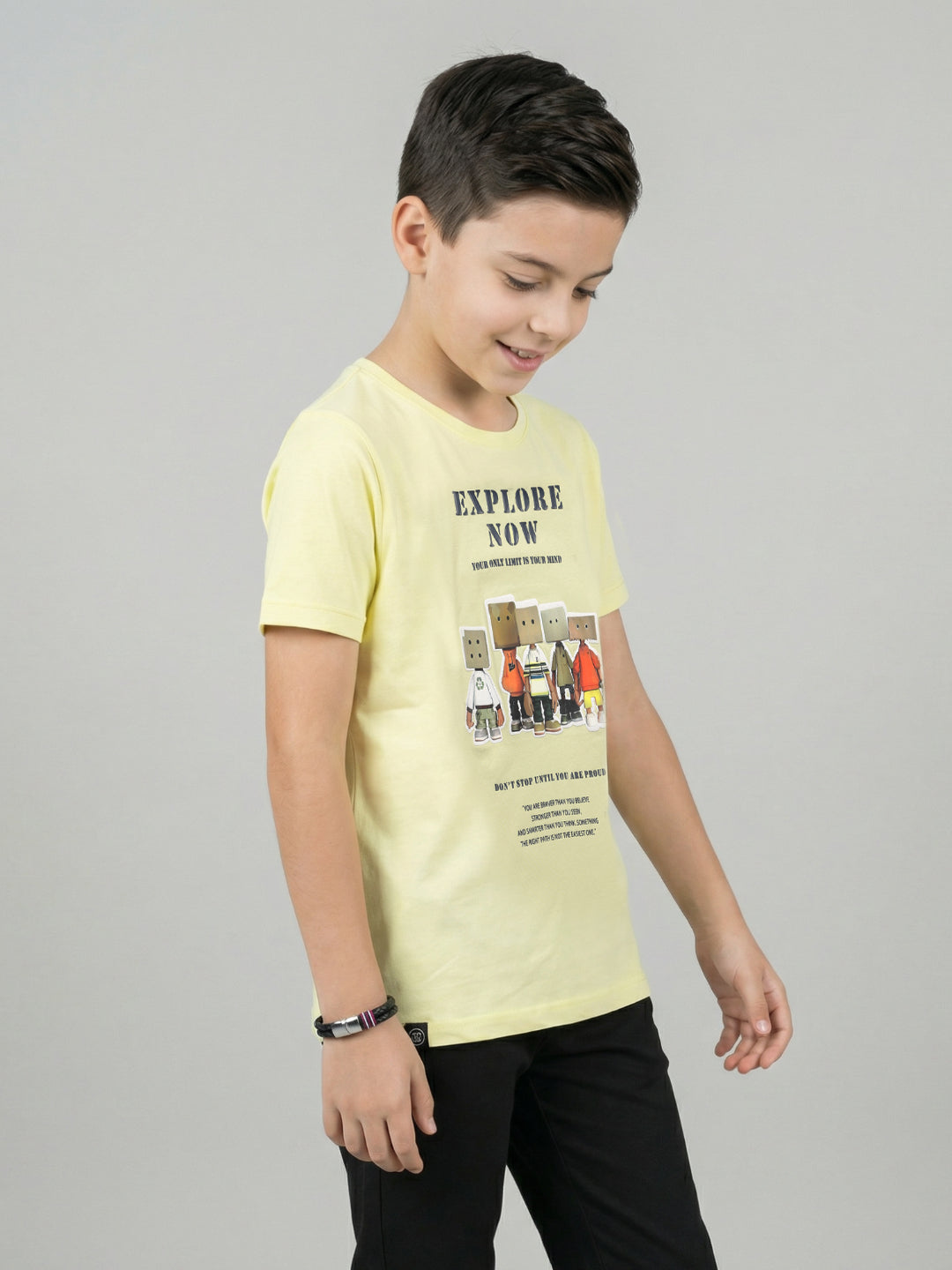 Boys Yellow Printed Round Neck Half Sleeve T-Shirt