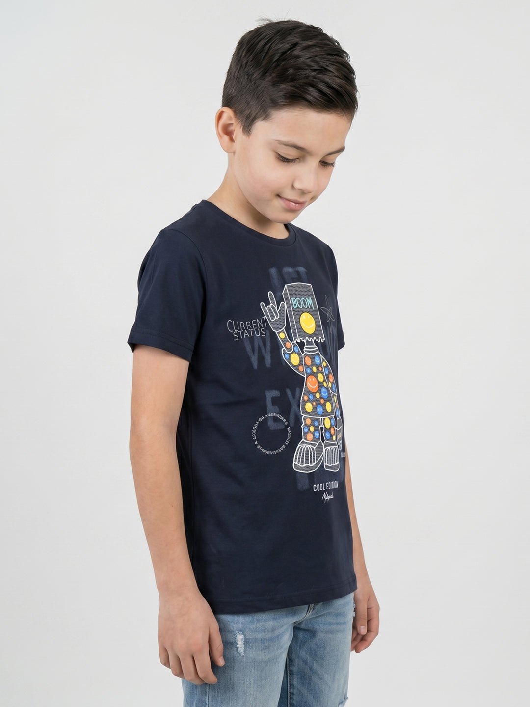 Boys Navy Blue Printed Round Neck Half Sleeve T-Shirt