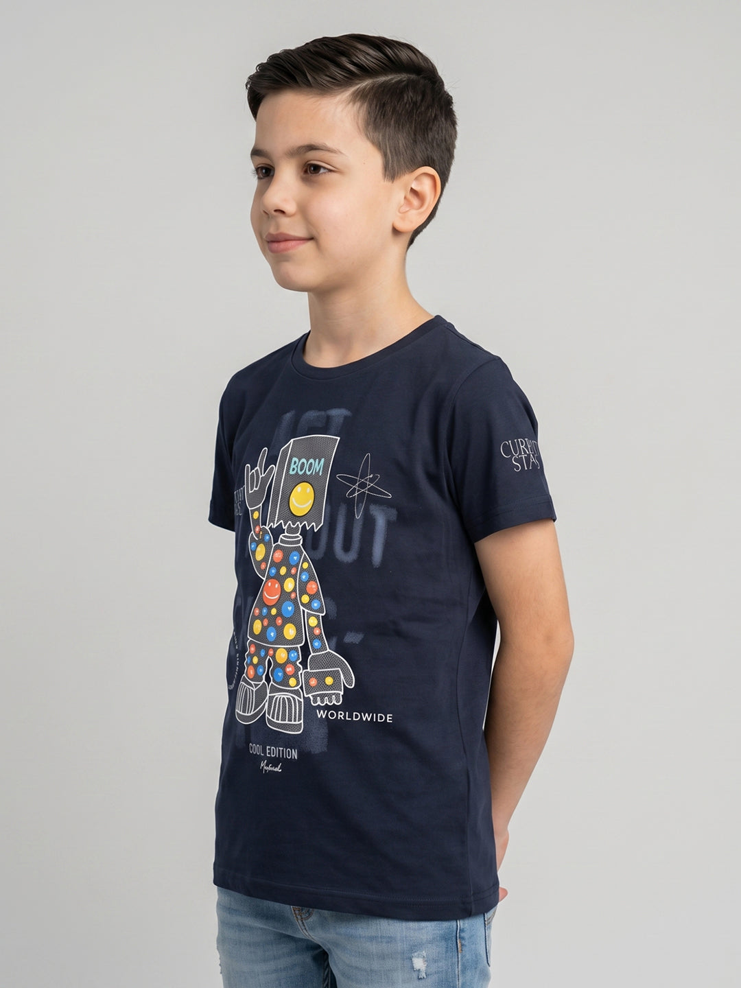 Boys Navy Blue Printed Round Neck Half Sleeve T-Shirt
