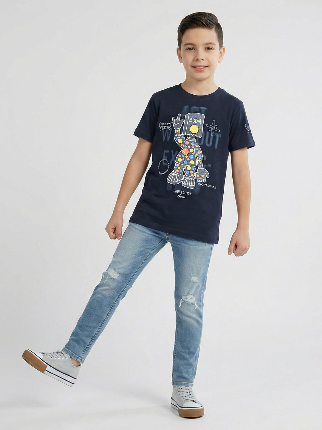 Boys Navy Blue Printed Round Neck Half Sleeve T-Shirt