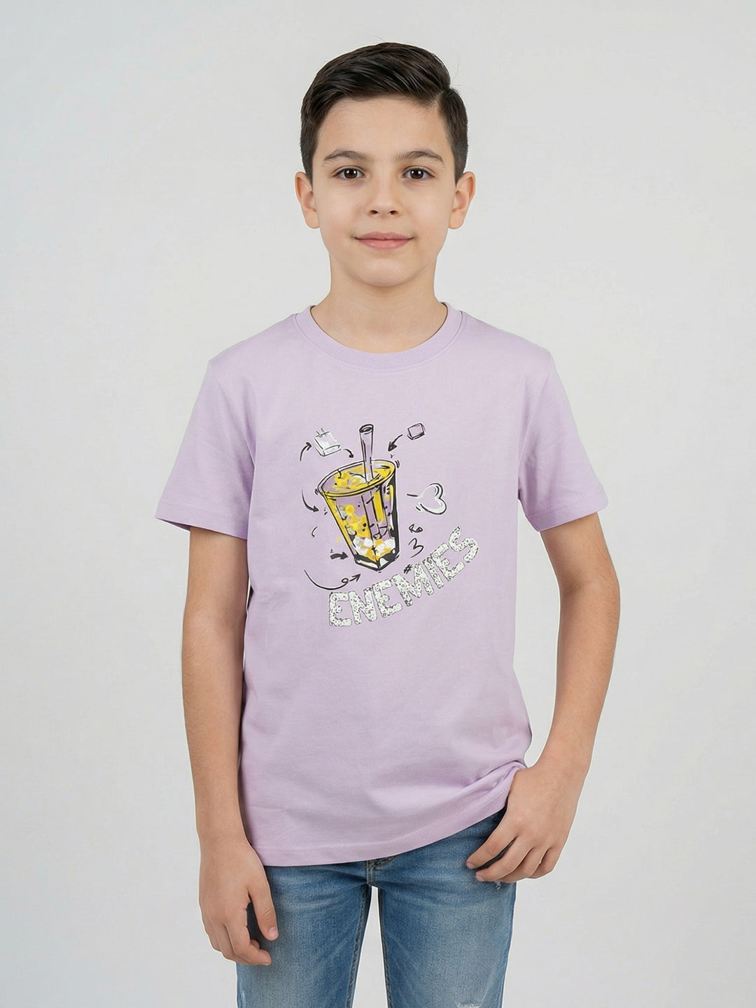 Boys Purple Printed Round Neck Half Sleeve T-Shirt