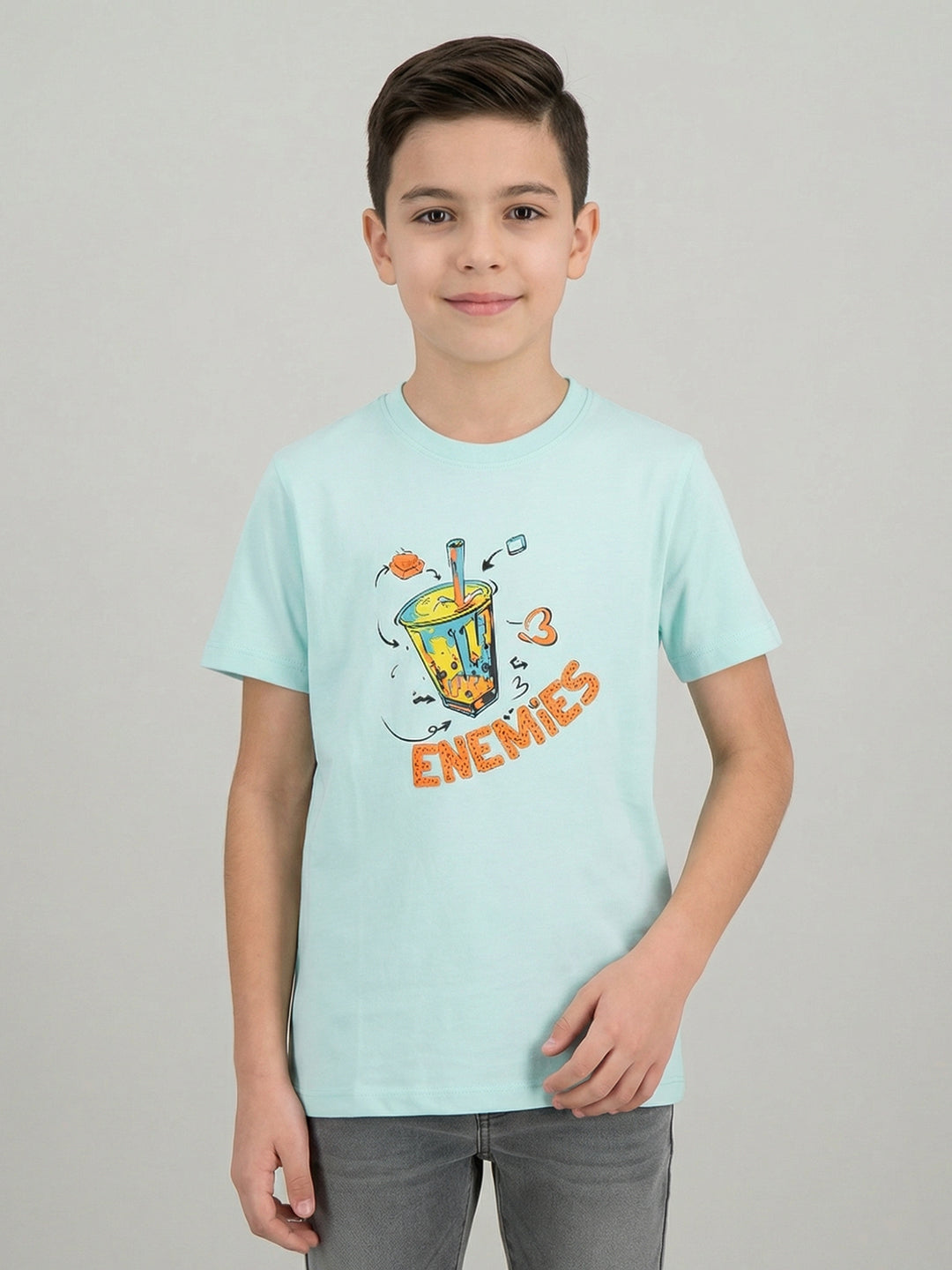 Boys Blue Printed Round Neck Half Sleeve T-Shirt