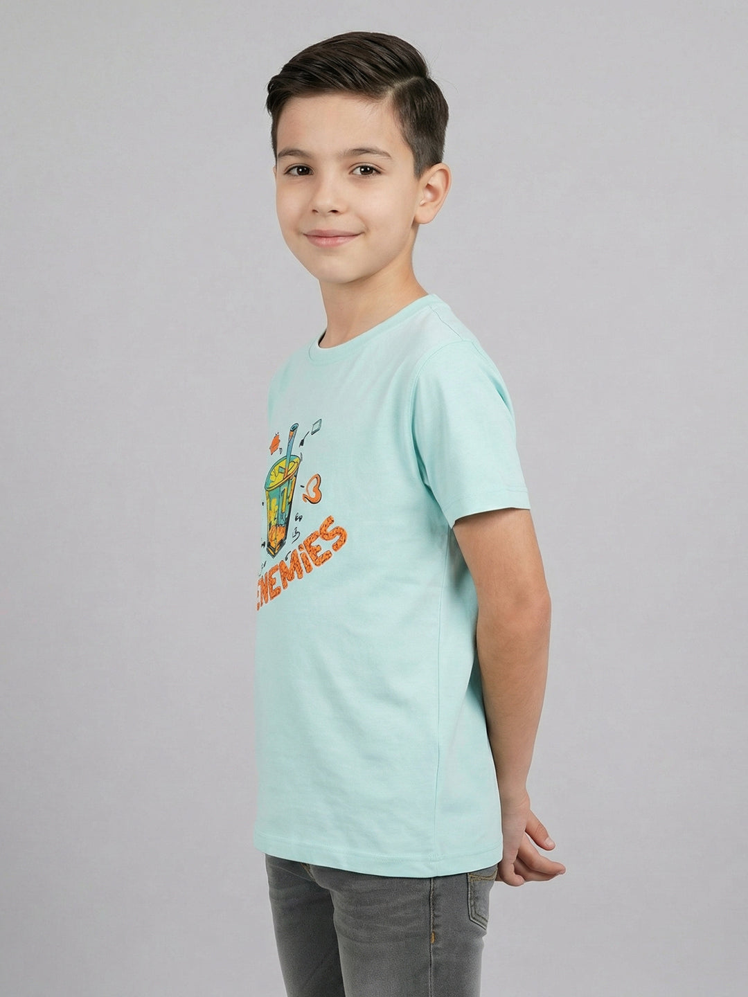 Boys Blue Printed Round Neck Half Sleeve T-Shirt