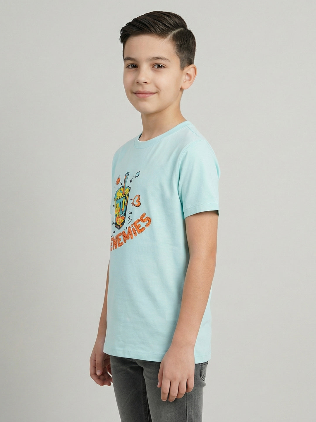 Boys Blue Printed Round Neck Half Sleeve T-Shirt