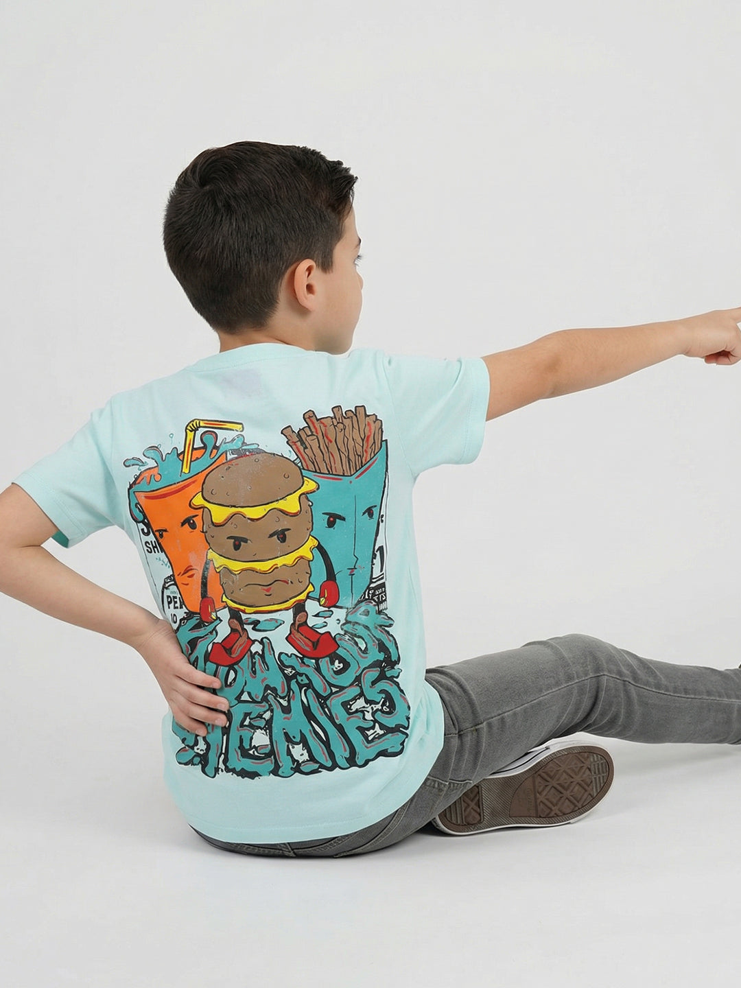 Boys Blue Printed Round Neck Half Sleeve T-Shirt